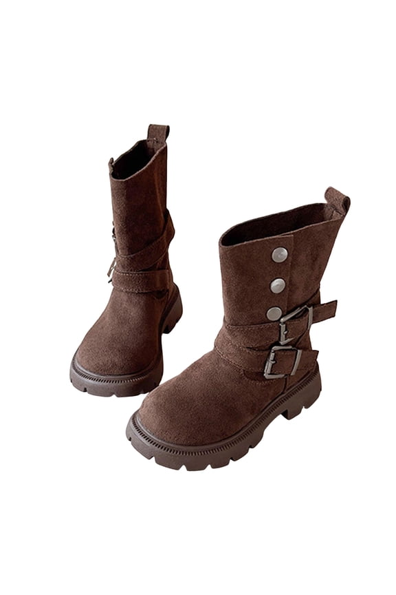 Girls Suede Riding Booties Fashion Western Buckle Straps Mid Calf Boots with Button Lug Sole Low Heel Fall Winter Ankle Boots Coffee 10 Little Kids
