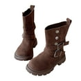 thumbnail image 1 of Girls Suede Riding Booties Fashion Western Buckle Straps Mid Calf Boots with Button Lug Sole Low Heel Fall Winter Ankle Boots Coffee 8.5 Toddler, 1 of 5