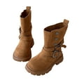 thumbnail image 1 of Girls Suede Riding Booties Fashion Western Buckle Straps Mid Calf Boots with Button Lug Sole Low Heel Fall Winter Ankle Boots Khaki 10 Little Kids, 1 of 6