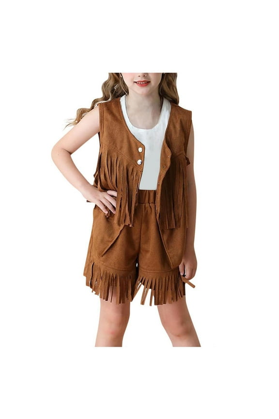 Girls Suede Tassel Jacket Shorts Set Western Cowgirl Costume Kids 2 Pieces Summer Outfits Sets 70s Vintage Fringe Waistcoat Vests Hippie Boho Retro Cowboy Fancy Dress Sets 5-14 Years