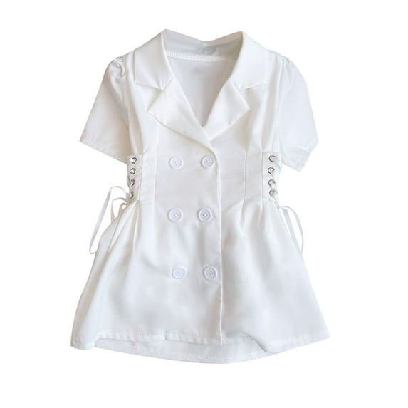 Girls Suit Dresses Chiffon Size 1-11 Toddlers Kids Elegant Short Sleeve Double-Breasted Collared Solid Drawstring Slim-Fit Mini Dress