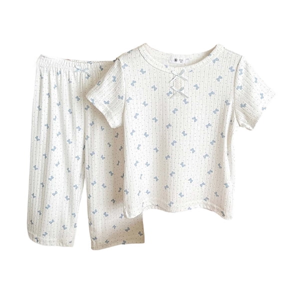 Girls Summer 2 Piece Cotton Outfits Printed Cute Round Neck Short Sleeve T-shirt with Pants Sets Light Blue 6-7 Years