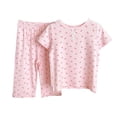 thumbnail image 1 of Girls Summer 2 Piece Cotton Outfits Printed Cute Round Neck Short Sleeve T-shirt with Pants Sets Pink 4-5 Years, 1 of 5