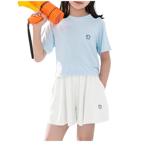 Girls Summer 2 Piece Ice Silk Outfits Cute Round Neck Short Sleeve T-shirt & Shorts Sets with Pockets Light Blue 13-14 Years