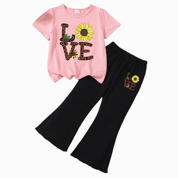 Girls Summer 2-Piece Outfit Set Bow-Embellished Short-Sleeve Top + Flared Pants 5-6 Years