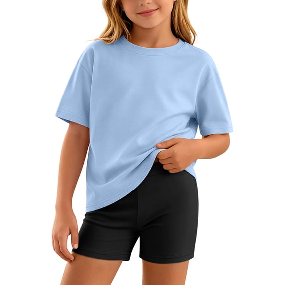 Girls Summer 2 Piece Outfit, Short Sleeve Loose Crewneck T-Shirt & Biker Shorts Matching Sets for 5-14 Years