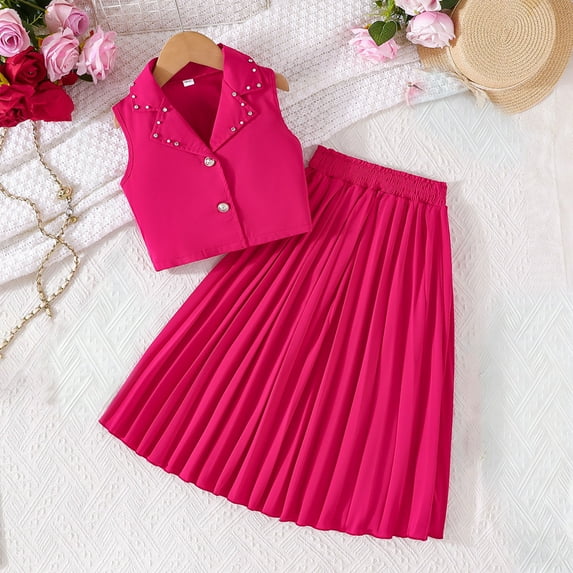 Girls Summer 2 Piece Outfits Elegant Lapel Button Shirts and Pleated Midi Skirt Matching Sets Hot Pink 6-7 Years