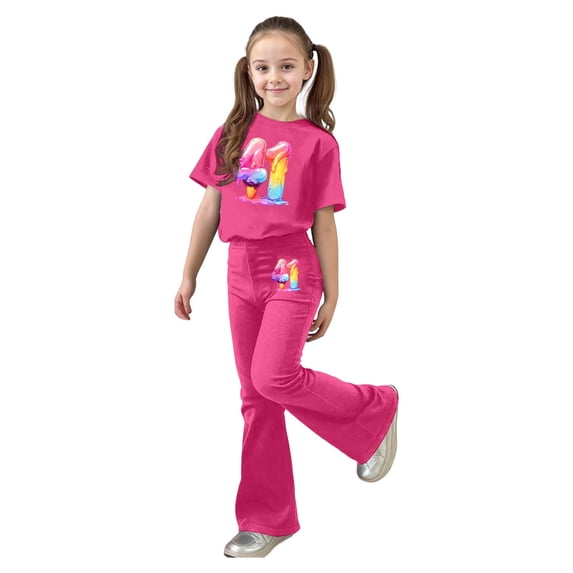 Girls Summer 2 Piece Outfits Floral Cute Short Sleeve and Casual Pants Kids Clothing Set Hot Pink Size 12-13 Years