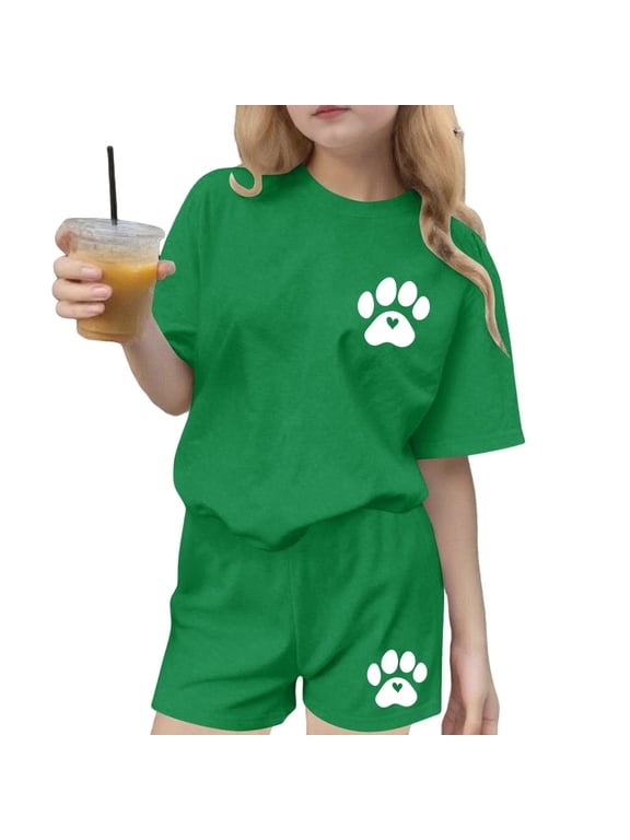 Girls Summer 2 Piece Outfits Oversized Short Sleeve T Shirts and Shorts Casual Lounge Sets