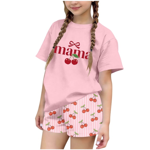 Girls Summer 2 Piece Outfits Round Neck Printed Short Sleeve T-shirt and Loose Shorts Set Casual Loungwear Pink 2 14-15 Years