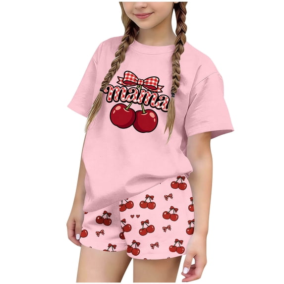Girls Summer 2 Piece Outfits Round Neck Printed Short Sleeve T-shirt and Loose Shorts Set Casual Loungwear Pink 9-10 Years