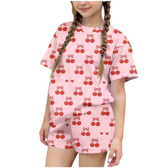Girls Summer 2 Piece Outfits Round Neck Printed Short Sleeve T-shirt with Loose Shorts Set Casual Loungwear Pink 2 13-14 Years