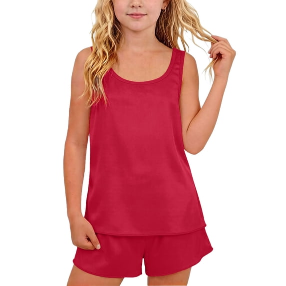 Girls Summer 2 Piece Outfits Silk Satin Tank Tops and Shorts Sets Sleeveless Tracksuits for Kids 5-14 Years