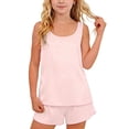 thumbnail image 1 of Girls Summer 2 Piece Outfits Silk Satin Tank Tops and Shorts Sets Sleeveless Tracksuits for Kids 5-14 Years, 1 of 8