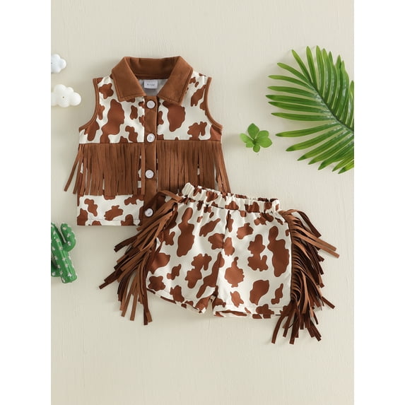 Girls Summer 2 Piece Outfits Sleeveless Lapel Cow Print Tassel Tank Tops Shorts Sets