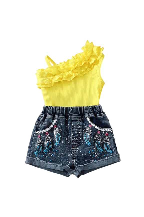 Girls Summer 2 Piece Set Off-Shoulder Ruffled Sleeveless Tops Elastic Waist Print Denim Shorts Trendy Casual Outfits (4-5Years, Yellow)