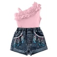 thumbnail image 1 of Girls Summer 2 Piece Set Off-Shoulder Ruffled Sleeveless Tops Elastic Waist Print Denim Shorts Trendy Casual Outfits (6-7Years, Pink), 1 of 6