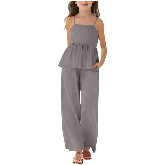 Girls Summer 2 Pieces Outfits Cotton Linne Peplum Camisole Tops Wide Leg Flowy Pants Kids Clothing Set