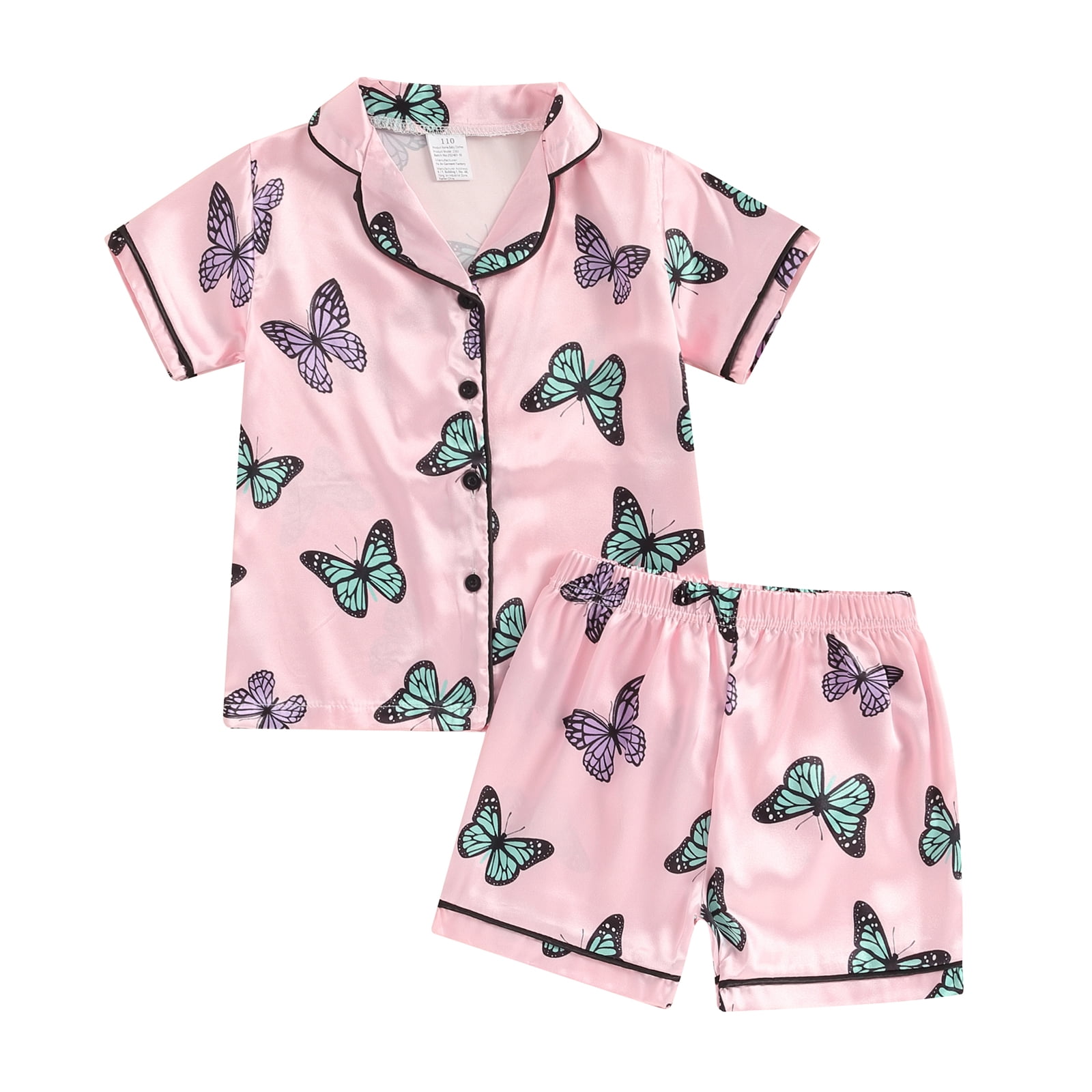 Girls Summer 2PCS Pajama Sets Short Sleeve Lapel Shirt Butterfly Print Pants Sleepwear