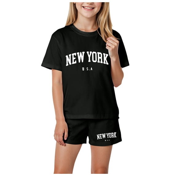 Girls Summer 2PCS Shorts Sets Short Sleeve Crewneck Rainbow Striped Tops Shorts Sets Girls Summer Set 2-12 Years,5-6 Years