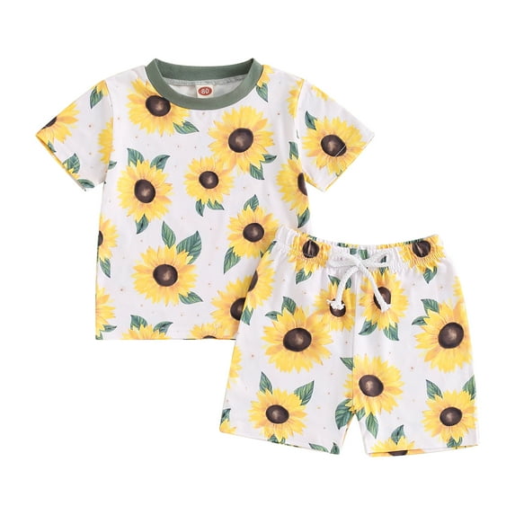 Girls Summer 2PCS Shorts Sets Short Sleeve Crewneck Sunflower Print Tops Shorts Sets