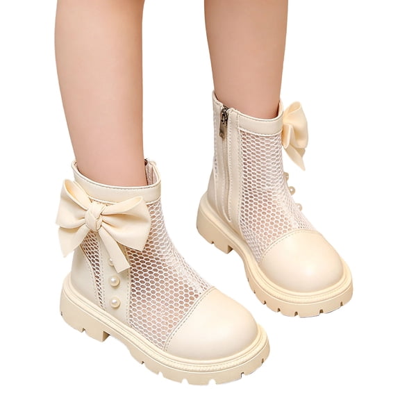 Girls Summer Ankle Boots Breathable Mesh Lightweight Fashion Side Zipper Bow Pearl Chunky White,Size 33