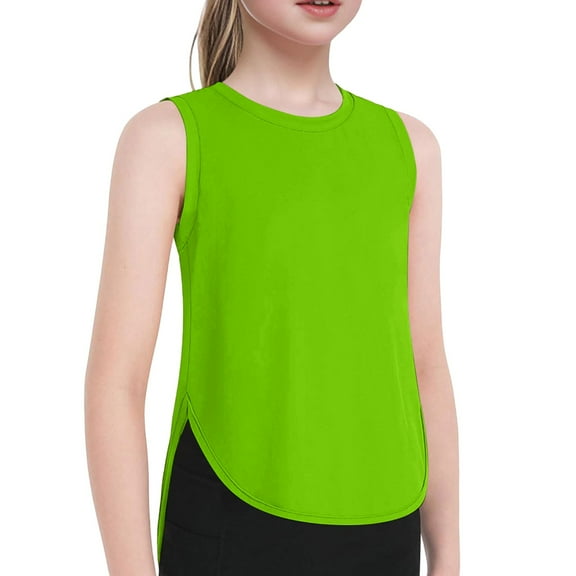 Girls Summer Athletic Solid Color Tank Tops Split Curved Hem Sleeveless Shirts Gym Yoga Running For Kids,Teen Size 13-14T,Green
