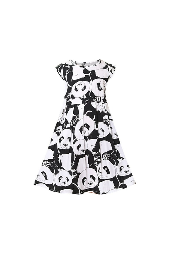 Girls Summer Beach New Cute Panda Pattern Short Sleeve O-Neck School Party Fashion Casual Dress Baby Comfy Sundress
