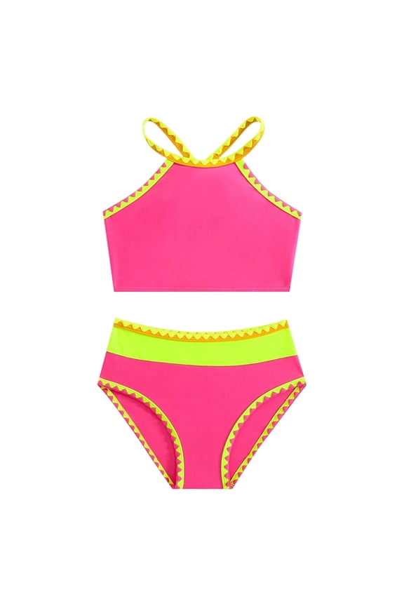 Girls Summer Bikini Set 2 Piece Color Block Printed Halter Swimsuit with Bottom Bathing Suits for Girls Size 4-7