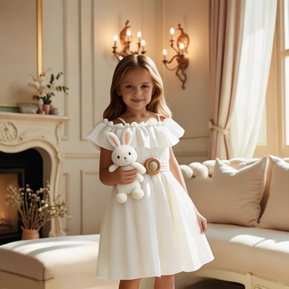 Girls Summer Boho Off Shoulder Lace Party Dress Outfits Toddler Big Kids Casual BeachwearWhite4-5 Years