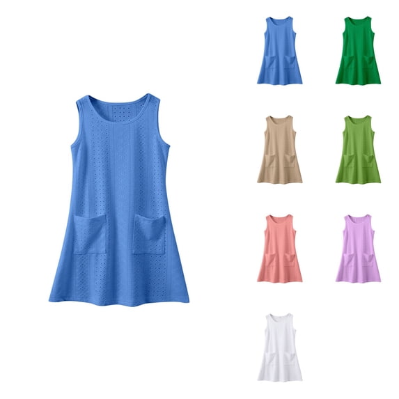 Girls' Summer Boho Tie-Shoulder Sleeveless Midi Tiered Dress with Pockets – Solid Casual Outfit for Toddlers & Kids 3-14Y, Elegant Comfortable Daily Wear Party Dress, Soft Lightweight Fabric