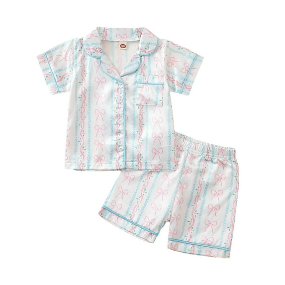 Girls Summer Bow Print Pajama Set St. Patrick'S Day Satin Short Sleeve Collared Button Down Top And Shorts Breathable Sleepwear Multicolour 18 Months-24 Months
