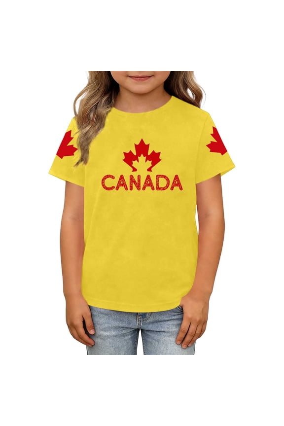 Girls' Summer Canada Day Print T Shirt Crew Neck Short Sleeve Casual Top Yellow 3 Y-4 Y
