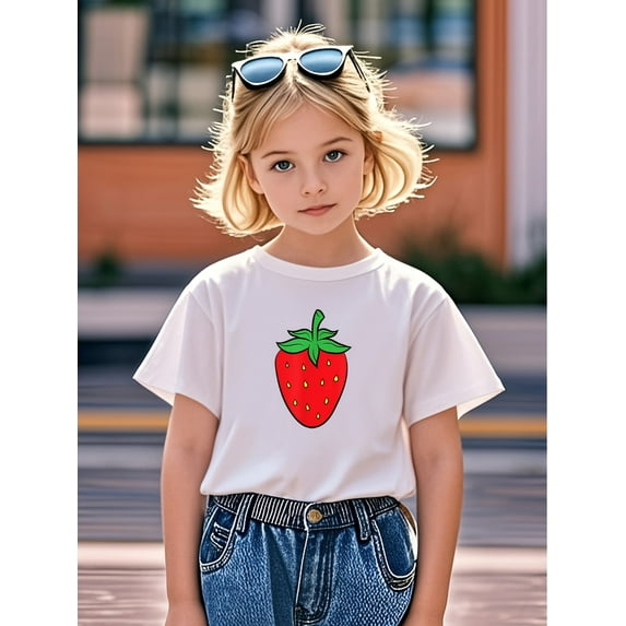 Girls' Summer Casual Crew Neck T-Shirt - Geometric Strawberry Print, Knit Fabric, Medium Stretch, Regular Fit Top