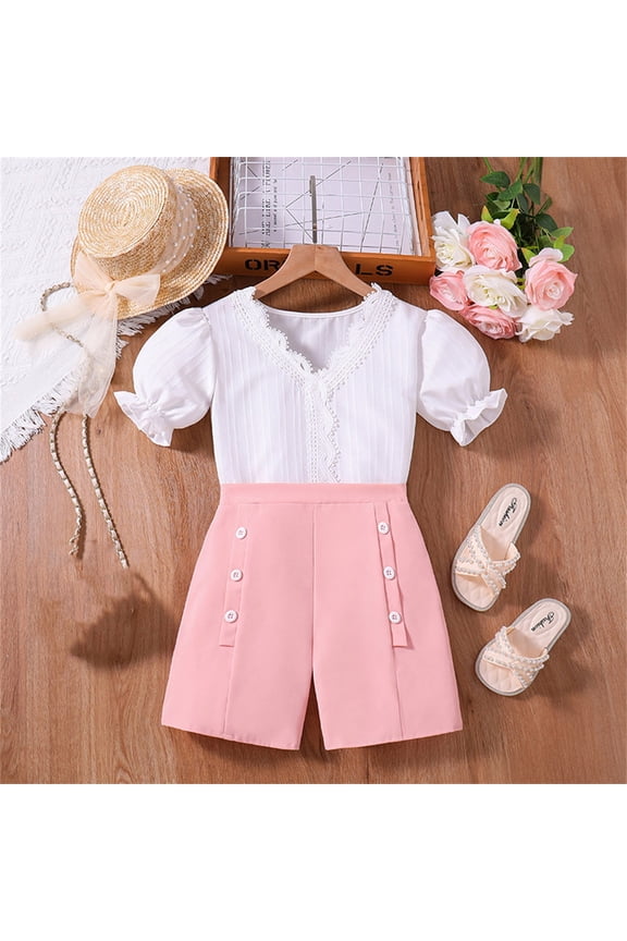 Girls Summer Casual Short Sleeve Top and Shorts Two-Piece Set, Soft Breathable Polyester Spandex Play Outfit for Daily Wear and Playdates