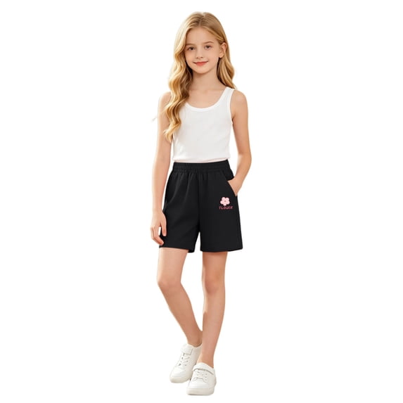 Girls Summer Casual Shorts Elastic Waist Cartoon Heart Rabbit Floral Print Bermuda Shorts Soft Knit Lightweight Kids Sports Shorts(Black1,13-14 Years)
