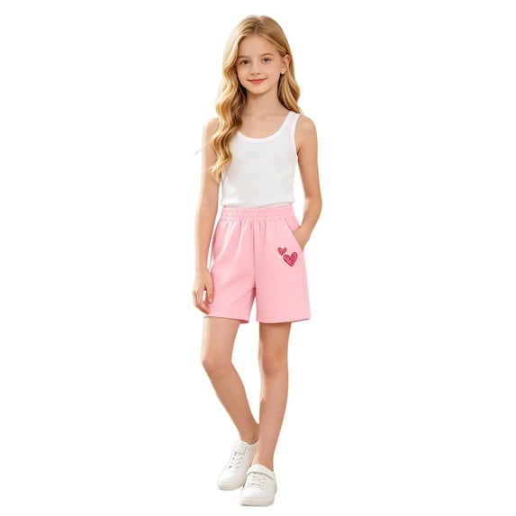Girls Summer Casual Shorts Elastic Waist Cartoon Heart Rabbit Floral Print Bermuda Shorts Soft Knit Lightweight Kids Sports Shorts(Pink2,3-4 Years)