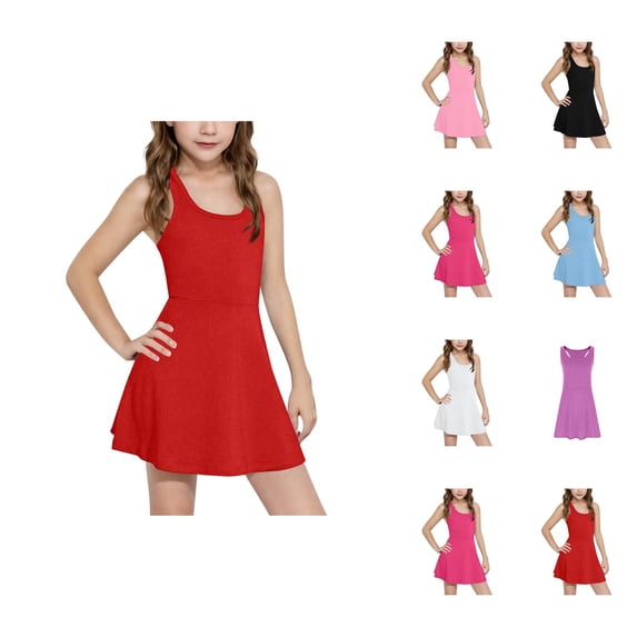 Girls Summer Casual Sleeveless Dress Solid Color Slim Fit Tennis Dress For Kids Comfortable Stretchy Waistband Outdoor Play Dress