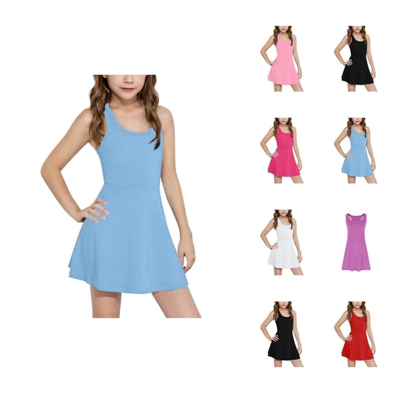 Girls Summer Casual Sleeveless Dress Solid Color Slim Fit Tennis Dress For Kids Comfortable Stretchy Waistband Outdoor Play Dress