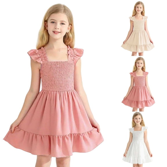 Girls Summer Casual Sundress Comfy Square Collar Cap Sleeve Ruffle Hem Sleeveless Dress Kids Stretch Vacation Beach Dresses