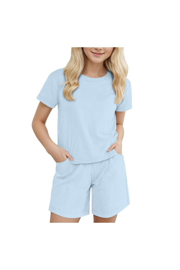 Girls Summer Gradient Print Short Sleeve Top and Shorts Set Cute Round Neck Pocket Casual Outfit for Teens and Juniors Girls Summer Outfits 5T