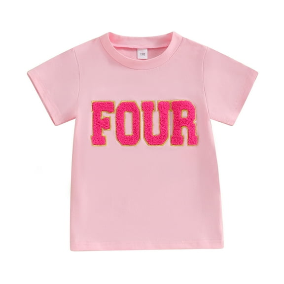 Girls Summer Casual T-shirt Pink Short Sleeve Round Neck Letter Embroidery Tops