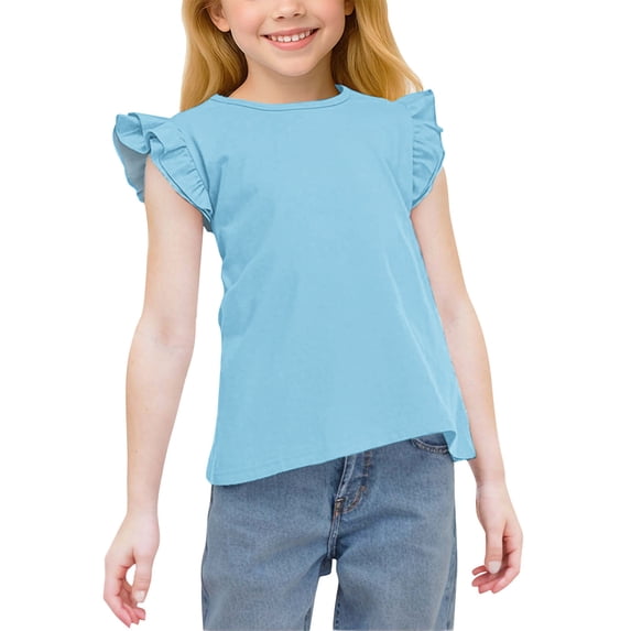 Girls' Summer Casual Tee with Ruffle Sleeves and Crew Neck for Daily Wear