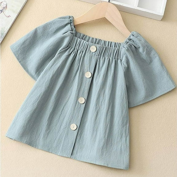 Girls Summer Casual Tops Solid Color Single Breasted Design Square Collar Short Sleeve T Shirts Cute Babydoll Tees 6-16 Yearss