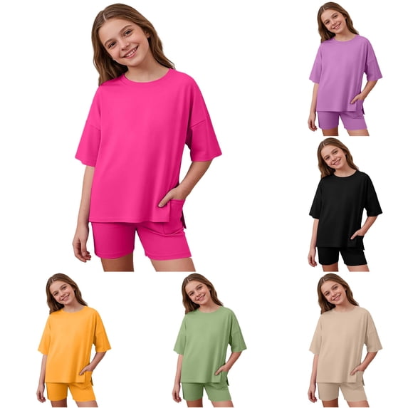 Girls Summer Casual Two Piece Loose Side Opening Shirt Cycling Shorts Suitable 5 13 Years Girls Casual Outfit Sets