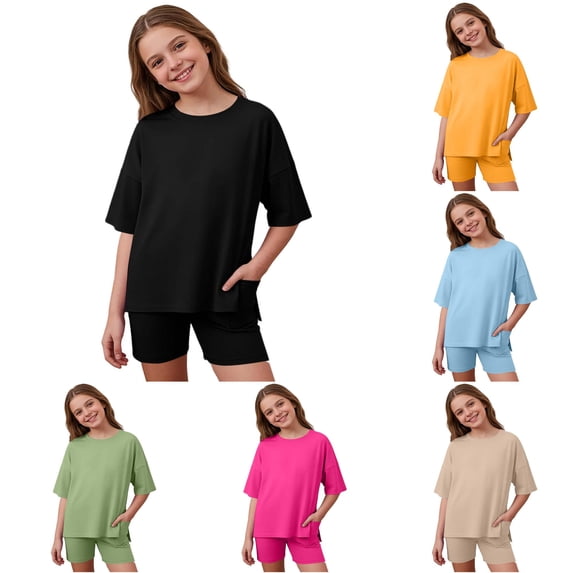 Girls Summer Casual Two Piece Loose Side Opening Shirt Cycling Shorts Suitable 5 13 Years Girls Casual Outfit Sets