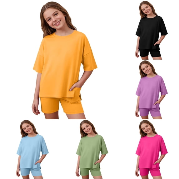 Girls Summer Casual Two Piece Loose Side Opening Shirt Cycling Shorts Suitable 5 13 Years Girls Casual Outfit Sets