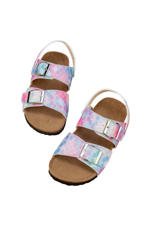 Girls Summer Casual Two Way Wear Flip Flops Soft Wood Bocken Style Sandals With Double Buckle Adjustable Fish Scale Design
