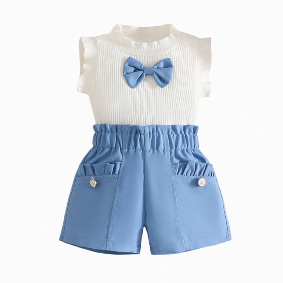 Girls Summer Clothes 2 Piece Set for Toddler Baby Girl Outfits with Top Floral Shorts 2 Pieces Sky Blue 9-12 Months