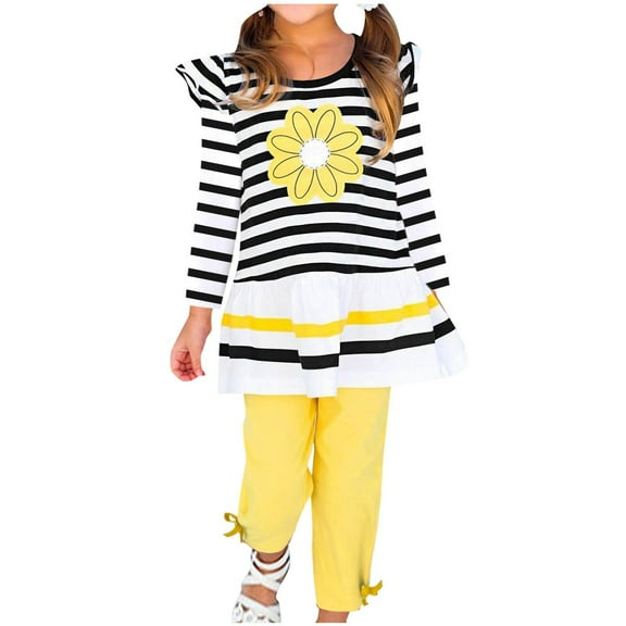 Girls Summer Clothes Casual Clothing Suit Long Sleeve Striped Print Dress Shirt and Pants Outfits